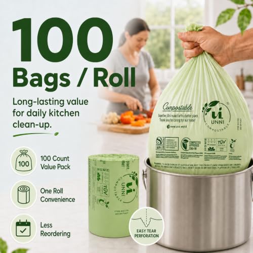 UNNI Compostable Trash Bags, 2.6 Gallon / 9.84 Liter, 100 Count, Extra Thick 0.71 Mil Small Kitchen Food Scrap Bin Liners, Certified by BPI, CMA & OK compost HOME, Meets the ASTM D6400 Standard - size: 100 Count (Pack of 1), style: 2.6 Gallon