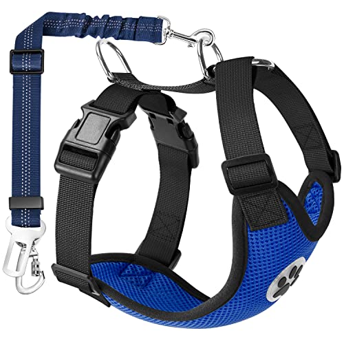 Lukovee Dog Car Harness Seat Belt, Adjustable Mesh Breathable Vest with Elastic Bungee Tether, Soft Padded 2-in-1 Safety Car Harness Seatbelt for Small Medium Large Dogs (Blue,XXXS) - color: Blue, size: XXX-Small
