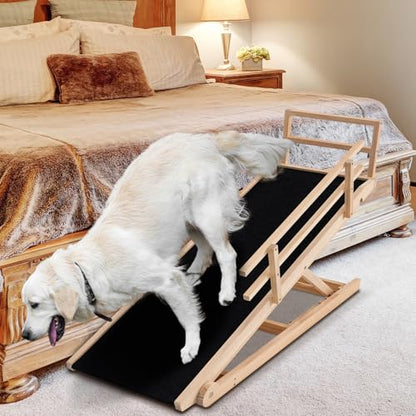 Dog Ramp for Bed, Adjustable Pet Ramps for Dog to Get on Bed, Non-Slip Rubber Surface - Folding Wooden Dog Ramp for Small/Large/Old Dogs, Adjustable up to 23.5 inch High Beds, Safety Railings - size: M-for 23.6''H Bed