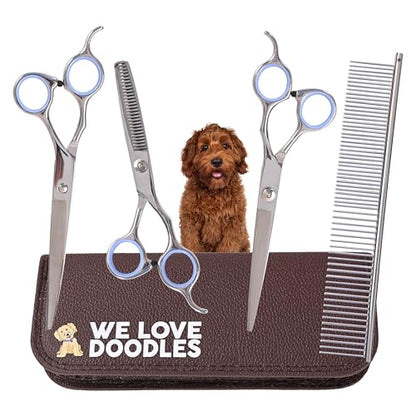 Dog Grooming Scissors Kit - Best Tools for Goldendoodles & Poodles- Straight, Curved & Thinning Shears - Golden Doodle Grooming Professional Grade Stainless Steel, 4 Pc Set (Long Silver) - size: Long