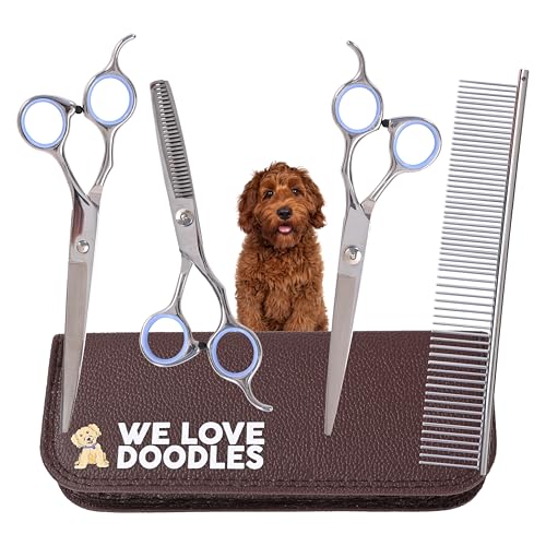 Dog Grooming Scissors Kit - Best Tools for Goldendoodles & Poodles- Straight, Curved & Thinning Shears - Golden Doodle Grooming Professional Grade Stainless Steel, 4 Pc Set (Long Silver) - size: Long