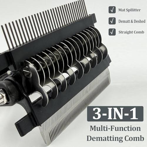 3-in-1 Pet Grooming Comb Dematting Tool - Double Sided Shedding, Dematting Undercoat Rake for Dogs and Cats, Grooming Brush with Stainless Steel Teeth, Detangler Comb for Matted Fur Removal