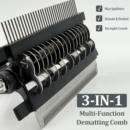 3-in-1 Pet Grooming Comb Dematting Tool - Double Sided Shedding, Dematting Undercoat Rake for Dogs and Cats, Grooming Brush with Stainless Steel Teeth, Detangler Comb for Matted Fur Removal