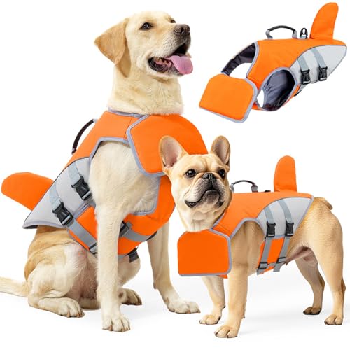 BAMY Shark Dog Life Jacket with Chin Float Pet Swimming Vest with Rescue Handle Large Dogs Safety Lifesaver Life Vest for Small Medium Large Dogs (Orange, XL) - color: Orange, size: XL