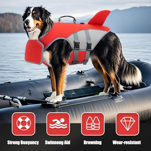 BAMY Shark Dog Life Jacket with Chin Float Pet Swimming Vest with Rescue Handle Large Dogs Safety Lifesaver Life Vest for Small Medium Large Dogs (Red, S) - color: Red, size: S