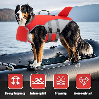 BAMY Shark Dog Life Jacket with Chin Float Pet Swimming Vest with Rescue Handle Large Dogs Safety Lifesaver Life Vest for Small Medium Large Dogs (Red, XL) - color: Red, size: XL