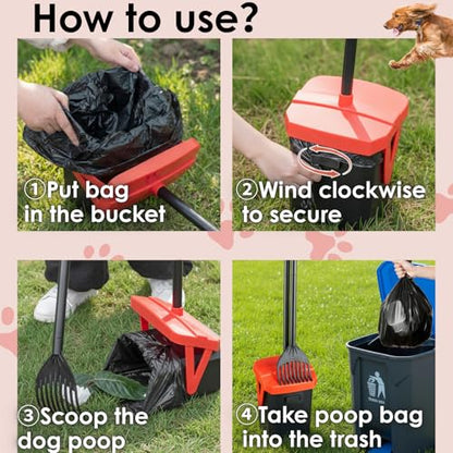 TIMINGILA 36" Pooper Scooper Swivel Bin & Rake with 100 Dog Poop Bags,Adjustable Long Handle for No-Bend Cleanup,Portable Non-Breakable Dog Poop Scooper for Large Medium Small Dogs