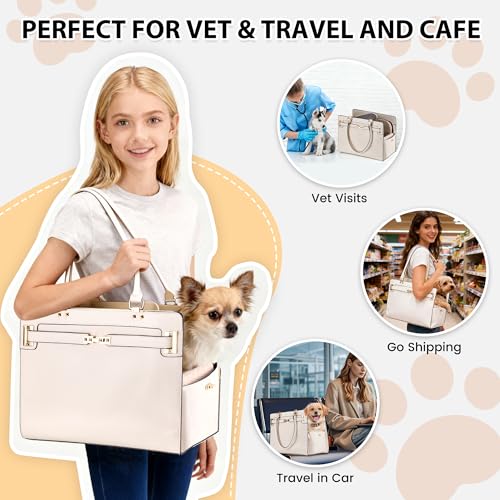 Dog Purse Carrier for Small Dogs, Stylish Foldable Pet Carrier Purse Tote Bag with Washable Cushion & Safety Leash, Airline Approved Puppy Travel Bag with Pockets (White) - color: White