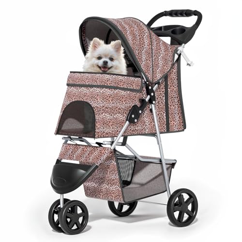 MoNiBloom 3 Wheels Pet Dog Cat Stroller for Small Medium Dogs Cats, Lightweight Foldable Jogger Stroller w/Storage Basket & Cup Holder, Leopard Print - color: Leopard Print
