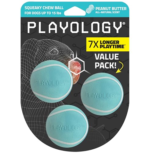 Playology Dog Toys | Squeaky Chew Ball for Dogs, Value 3-Pack | Peanut Butter Scented Small Dog Balls | Bouncy Floating Chew Toys for Fetch