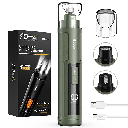 IREDOON Dog Nail Grinder Upgraded - Professional 3-Speed Super Quiet and Low Vibration Electric Pet Nail Grinder with 4 LED Lights - Painless Paws Grooming & Smoothing for Small to Large Dogs (Green) - color: Matte Green