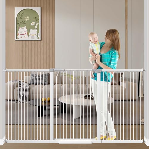 Fairy Baby 40.5" Extra Tall Baby Gate, 72.3"-76.7" Extra Wide Long Pet Gate, Metal Auto Close Safety Child Gate Indoor, Pressure Mounted Dog Gate No Climb Fence for Stairs Doorways Kid or Pet, White - color: White, size: 72.3"-76.7"