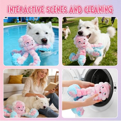 Tough Octopus Dog Toy, Interactive Squeaky & Crinkle Tug of War Toy for Aggressive Chewers, Large Durable Plush Chew Toys to Keep Dogs Busy- Crinkle Octopus, Large (Pink) - color: Pink
