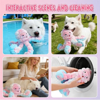 Tough Octopus Dog Toy, Interactive Squeaky & Crinkle Tug of War Toy for Aggressive Chewers, Large Durable Plush Chew Toys to Keep Dogs Busy- Crinkle Octopus, Large (Pink) - color: Pink