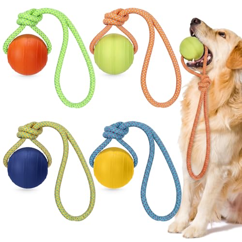 Skylety 4 Pack Floating Dog Toy with Rope Handle EVA Dog Bumper Throw Stick for Water Training Fetch Retrieving High Visibility Pool Water Toy for Beach Diving Pool Yard Summer Outdoor Play, Ball - style: Ball