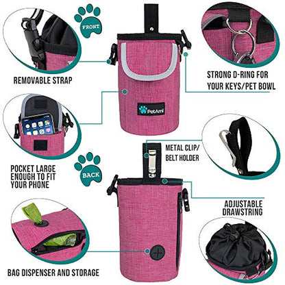 PetAmi Dog Treat Pouch, Large 3-Cup Dog Training Treat Bag with Poop Bag Dispenser, Hands-Free Waist Belt & Crossbody Strap, Reflective with Multiple Pockets & Belt Clip (Pink) - color: Pink
