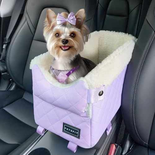 PETSFIT Cat Car Seat with Safe Protection Hooks, Center Console Dog Car Seat with Upgraded Safety Tethers, Washable Cushion, Dog Car Seats for Small Dogs Up to 8 Lbs (Purple) - color: Purple