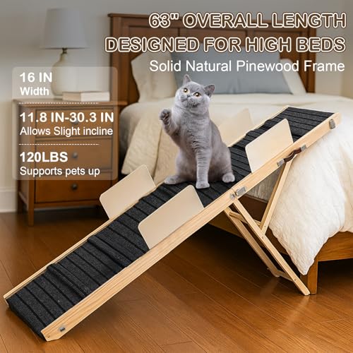 Upgraded Dog Ramp for Bed, Couch, Car, 63" Long Foldable Pet Ramp, Non-Slip Pad & Safety Baffle-6 Adjustable Height 12" to 30", Portable Stable Pet Steps for Small & Medium Old Dogs & Cats ﻿