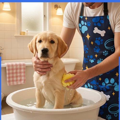 Dog Grooming Waterproof Apron with 2 Pockets, Cute Animals Puppy Dog Pets Apron - style: Blue Pet Collar