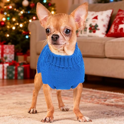Dog Sweaters for Small Dogs Warm Dog Clothes Winter Chihuahua Clothes Girl Boy Puppy Sweater Cable Knitted Doggy Coat Soft Mini Dachshund Sweater with Turtleneck Pullover Design (Blue, Large) - color: Blue, size: Large