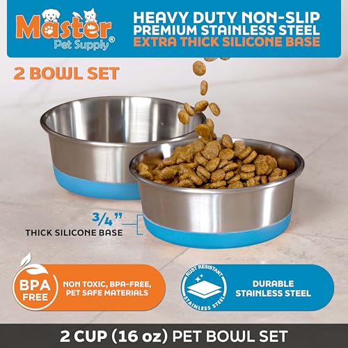 Master Pet Supply Stainless Steel Dog Bowls Set of 2 with Extra Thick Silicone Base - 2 Cup (16 oz) True Blue, Non-Slip, Dishwasher Safe Metal Bowls, Pet Dog Food Bowl for Dogs, Cats, Anti Rust - color: True Blue, size: 2 Cups (16 oz) 2 Pack