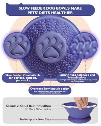 Dog Lick Bowl, Non-Slip Slow Feeder Licking Mat & Treat Dispenser (Wide Bowl Mouth w/Inlaid Stainless Steel Ring) - Interactive Toys, Anxiety Reducer, Freeze Bone for Dogs, BPA Free Silicone - color: Purple+Orang