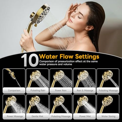 High Pressure 10 Ways Handheld Shower Head Brushed Gold- Anti-clog Nozzles, Built-in Power Wash to Clean Tub, Wall & Overhead Brackets,Magnetitc Rainfall Shower Wand,Built-in 2 Power Jet - color: Brushed Gold