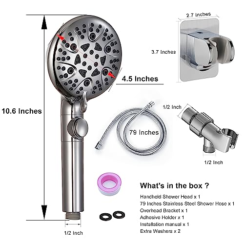 GwernKB Handheld Shower Head with On Off Switch 8-Mode High Pressure Showerhead with 79 Inches Extra-long Stainless Steel Hose and Bracket PLUS Extra Low-Reach Adhesive Wall Mount for Kids,Silver… - color: Silver