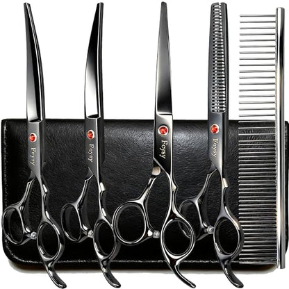 Dog Grooming Scissors Kit, Fcysy Professional Pet Hair Cutting Shears Set with Curved & Straight Blades Scissors Thinning Shears– Stainless Steel Grooming Tools for Dogs & Cats at Home