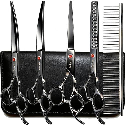 Dog Grooming Scissors Kit, Fcysy Professional Pet Hair Cutting Shears Set with Curved & Straight Blades Scissors Thinning Shears– Stainless Steel Grooming Tools for Dogs & Cats at Home