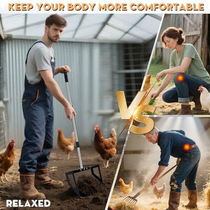 Chicken Poop Scooper and Rake 2-in-1, 10” Wide Metal Coop Scoop for Sand Sifting Shovel with 22" to 62” Adjustable Stainless Steel Handle, Cleaning Tools for Chicken Coops & Farm Animals Scoop