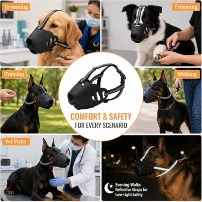 Dog Muzzle, Soft Basket Muzzle with Adjustable Reflective Straps, TPE Mouth Guard Allows Panting Drinking and Treats, for Grooming Walking Training Vet Visits, Black (Small) - size: Small