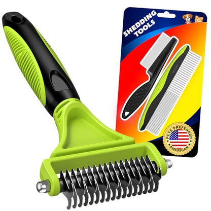 3PCS Pet Grooming Rake & Metal Comb & Flea Comb for Cats and Dogs, Double-Sided Dematting Tool, Extra-Wide Deshedding Dog Brush for Long Hair to Effectively Remove Tangles, Knots and Mats (Green) - color: C-Green