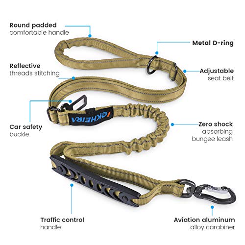 IOKHEIRA Multifunctional Dog Leash - 4-6 FT Strong Bungee, Car Seatbelt Compatible, Army Green - color: Brown