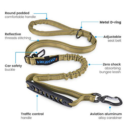 IOKHEIRA Multifunctional Dog Leash - 4-6 FT Strong Bungee, Car Seatbelt Compatible, Army Green - color: Brown