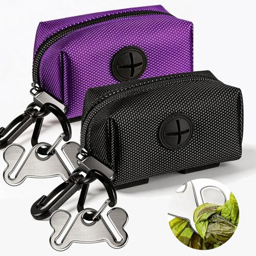 Dog Waste Bag Dispenser Pet Poop Bags Holder for Doggie Waste Bags Dispensers Soft Fabric Zipper Small Doggy Puppy Pouch for Leash Accessory Attachment with Carrier,2PCS Purple&Black - color: 2PCS Purple&Black, size: 1 Count (Pack of 1)