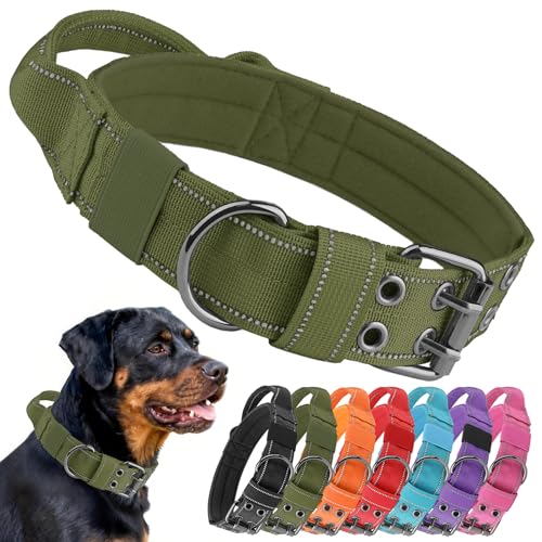 Tactical Dog Collar with Control Handle, Military Adjustable Pet Collar Reflective Heavy Metal Buckle Dog Collar, Soft Nylon Training Collar for Medium Large Dogs (Green, Large) - color: Green, size: Large