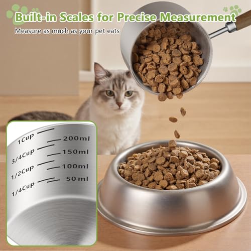 Dog-Cat Food Scoop 1 Cup, 304 Stainless Steel Measuring Cup with Long Wooden Handle, Pet Food Scoop for Rabbit, Easy to Clean Precise Scale