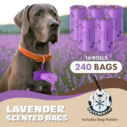 PETTHENTIC Biodegradable Dog Poop Bags with Leash Holder & Dispenser, 240 Count - Lavender Scented, Extra Thick Leak-Proof Cornstarch Waste Bags for Dogs, 16 Rolls, Eco-Friendly Compostable