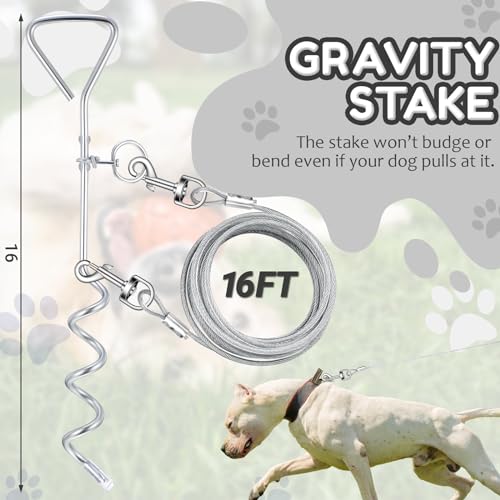 Amylove 2 Pcs Dog Tie Out Cable and Stake, 16 ft Outside Leash Cable Chain for Medium to Large Dog up to 125 Lbs, 18'' Heavy Duty Reflective Spiral Stake for Yard Camping Running Play(Grey) - color: Gray