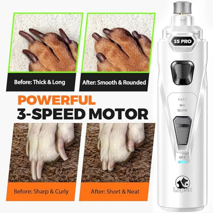 Whisper Quiet Dog Nail Grinder with 4 LED Lights, Safe & Stress-Free for Sensitive Dogs of All Breeds & Sizes, 3 Grinding Bits, 3-Speed, Pet Nail Trimmers, Rechargeable Painless Grooming Kit White - color: White