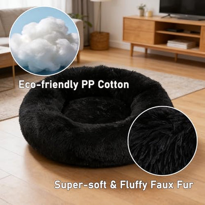 Calming Donut Dog Bed Medium Size Dog - Washable Removable Cover Non-Slip Bottom, Round Pet Bed Cat Bed Warming Fluffy Plush Faux Fur Anti-Anxiety, Fits up to 45 lbs (Black, 30") - color: Black, size: 30"L x 30"W x 8"Th