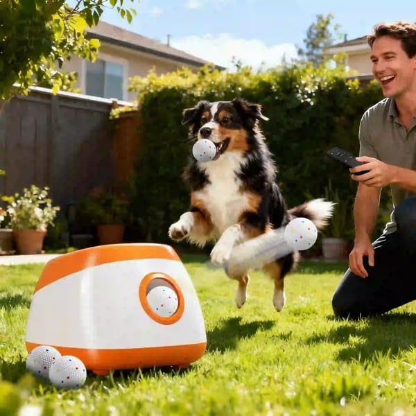 Automatic Dog Ball Launcher for Medium to Large Dogs, 3 Distance Settings & Random Mode, 5200mAh Battery, 98ft Remote Control, Includes 6 ETPU Balls, Orange White