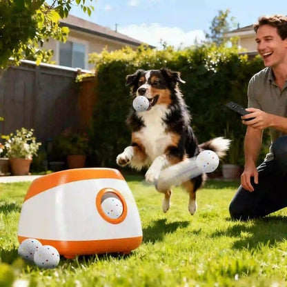 Automatic Dog Ball Launcher for Medium to Large Dogs, 3 Distance Settings & Random Mode, 5200mAh Battery, 98ft Remote Control, Includes 6 ETPU Balls, Orange White