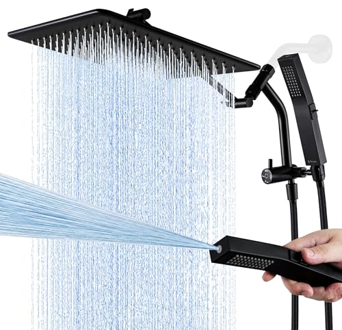 G-Promise All Metal 12 Inch Rain Shower Head with Power Wash Mode Handheld Spray Combo, Pause Setting 3-way Diverter, Full Body Coverage Waterfall Showerhead, Luxury Bathroom Upgrade (Matte Black) - color: Matte Black, size: 12 Inches