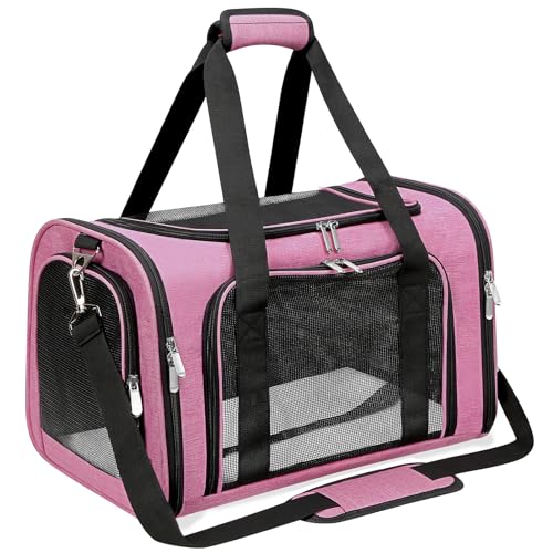 Soft-Sided Cat/Dog/Pet Carrier, Collapsible Pets Travel Carriers for Big Cats/Small Dogs with Shoulder Strap & Removable Mat, Mesh Puppy Carry Bag, Up to 25 Lbs (Pink) - color: PINK, size: 20"L x 13"W x 13"H