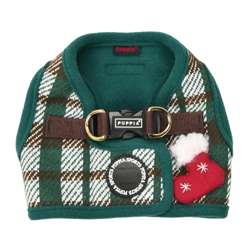 Puppia Festive Vest Dog Harness Step-in Warm Winter Checkered Pattern for Small and Medium Dog, Green, Medium - color: Green, size: Medium