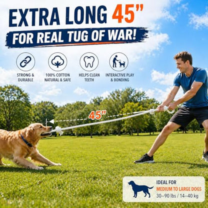 Cotton Dog Rope Toy with Dual Handles 45" Extra Long Tug Toy for Medium to Large Dogs, Durable Interactive Tug-of-War, Teeth Cleaning, Indoor Outdoor Play, White - style: Interactive Play