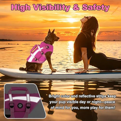 Dogcheer Dog Life Vest High Buoyancy Safety Jacket with Rescue Handle, Dog Swim Vest with Zipper, Reflective Adjustable Dog Flotation Vest for Water Swimming Boating - Pink, M - color: Pink, size: Medium