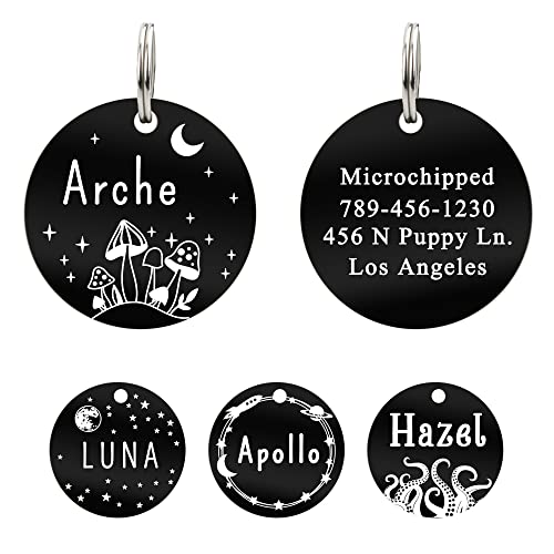 UltraJoys Stainless Steel Pet ID Tag Dog Name Tags Personalized Front and Back Engraving, Customized Dog Tags and Cat Tags, Optional Engraved on Both Sides, Round Tag with Mushroom Design, Small - color: Mushroom, size: Small